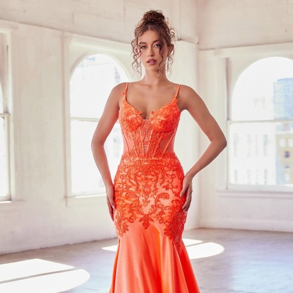 NEW LONG FORMAL PROM MERMAID SATIN GOWN EMBROIDERED WITH LACE & SEQUINS CDS470 - Picture 4 of 10